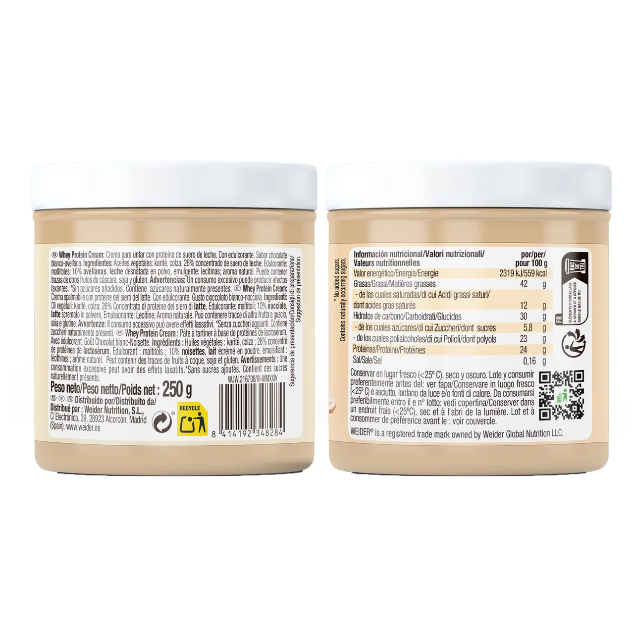 Whey protein crema de chocolate blanco y avellana 250 g.