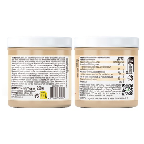 WEIDER Whey protein crema de chocolate blanco y avellana 250 g.