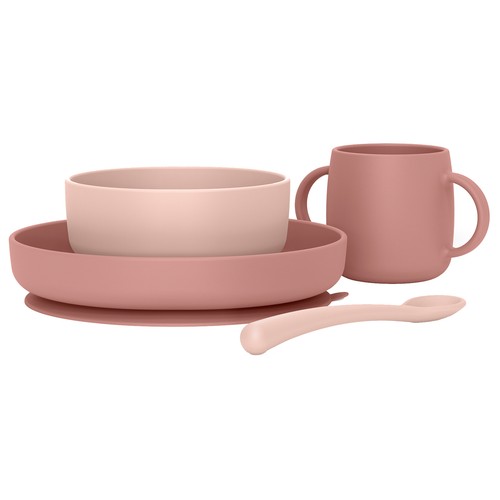 SUAVINEX Selection Vajilla infantil rosa de silicona (suave y flexible) para bebés de + 4 meses.