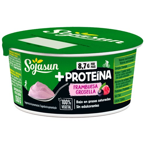 SOJASUN + Proteína Especialidad de soja 100% vegetal, con frambuesas y grosellas, con alto contenido en proteínas 150 g.