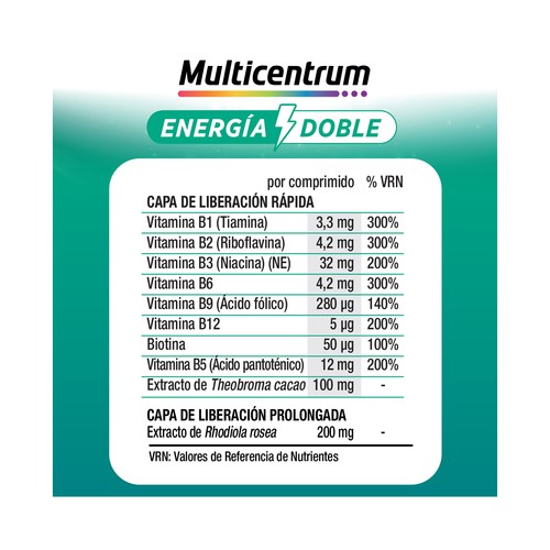 MULTICENTRUM Energía doble Complemento alimenticio a base de vitaminas y minerales 20 comprimidos.