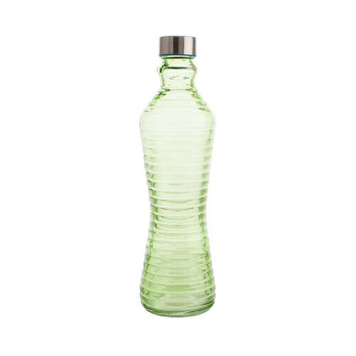 Botella de cristal color verde con líneas en relieve, tapa metálica de rosca, 1 litro, Line QUID.