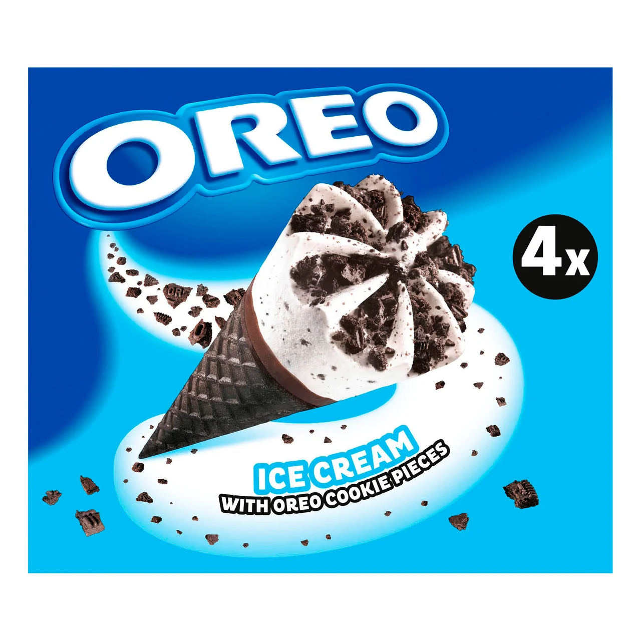 Cono con barquillo de chocolate y helado de nata con trocitos de galleta 4 x 110 ml.