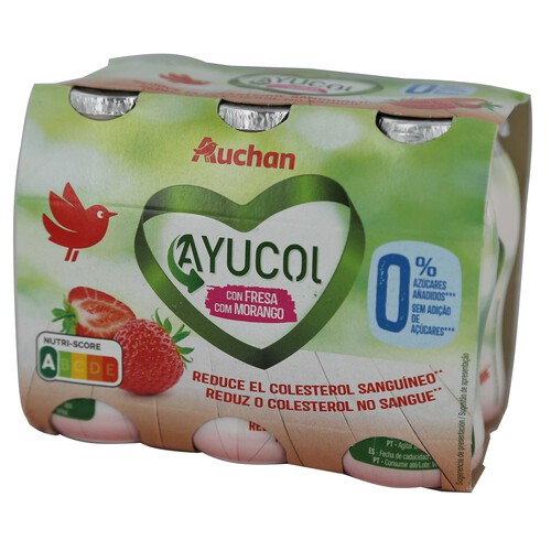 AUCHAN AYUCOL Yogur líquido con sabor a fresa y que ayuda a controlar el colesterol 6 x 100 g. Producto Alcampo