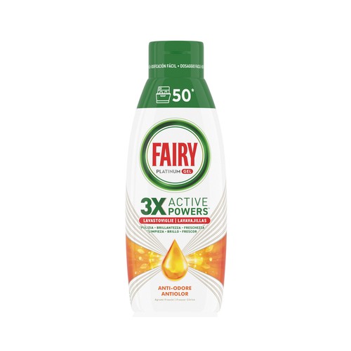 FAIRY Platinium Detergente liquido para lavavajillas a máquina, antiolor,  50 lavados, 1 L.