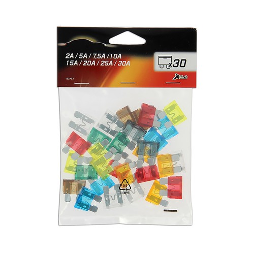 Lote de 30 fusibles enchufables (2x2A - 4x5A - 3x7.5A - 5x10A - 4x15A - 4x20A - 5x25A - 3x30A) CARTEC.