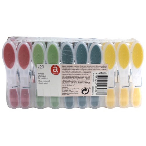 Set de 20 pinzas de tender de colores fabricadas en plástico bimaterial, ACTUEL.