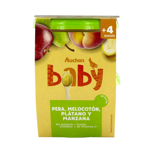 PRODUCTO ALCAMPO Baby Tarritos de frutas (pera, melocotón, plátano y manzana) a partir de 4 meses 2 x 200 g.