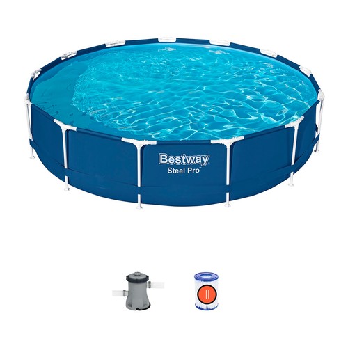 Piscina tubular Steel con estructura metálica BESTWAY color azul, medidas 396 x 84 cm. Con depuradora 2.006 litros/hora.