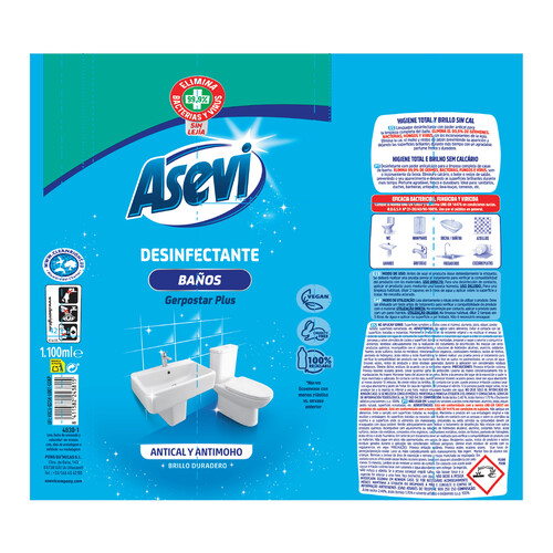 ASEVI Desinfectante de baños antical y antimoho para una limpieza completa del baño, acabado con brillo duradero, 1100 ml.