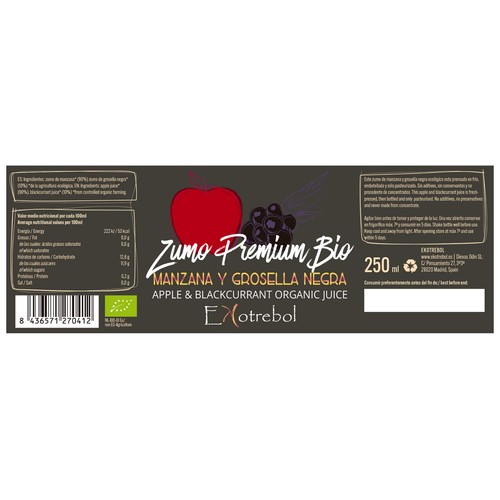 EKOTREBOL Zumo de manzana y grosella negra premium ecológico 250 ml.