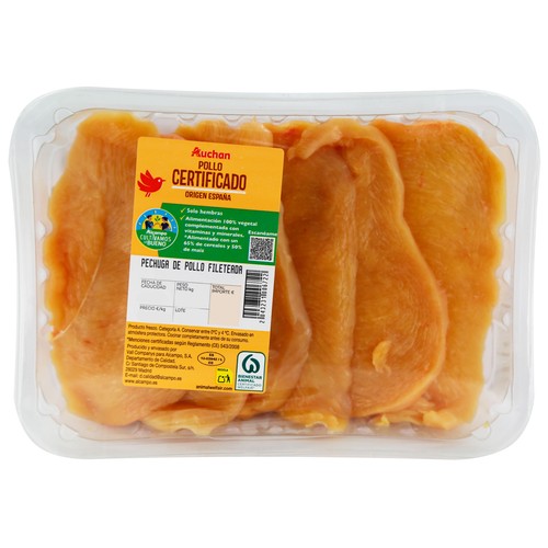 Pechuga de pollo fileteada ALCAMPO PRODUCCIÓN CONTROLADA Bandeja 600 Gramos Aproximados