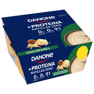 DANONE + Proteina Natillas zero con sabor a avellana y chocolate blanco 4 x 120 g.