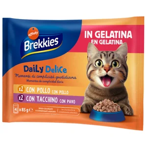 BREKKIES Alimento para gato húmedo gelatina pollo y pavo 85gr X4.