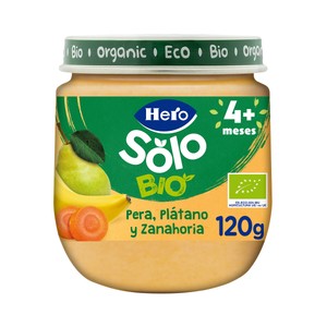 HERO Solo bio Tarrito de frutas y hortailiza (pera y plátano y zanahoria) ecológicos, a partir de 4 meses 120 g.