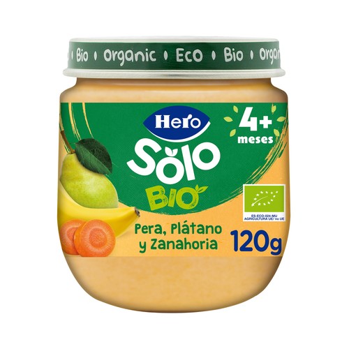 HERO Solo bio Tarrito de frutas y hortailiza (pera y plátano y zanahoria) ecológicos, a partir de 4 meses 120 g.