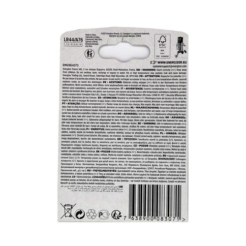 Pack de 2 pilas de botón alcalinas LR44, A76,1,5V, ENERGIZER.