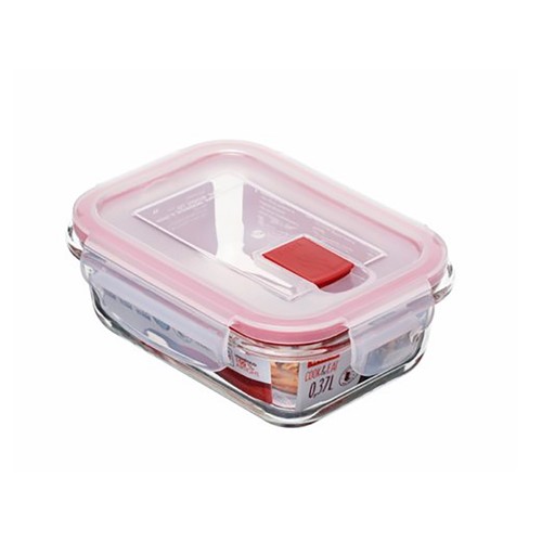 Hermético de vidrio rectangular con tapa de plástico con válvula color rojo, 0,37 litros, TATAY.