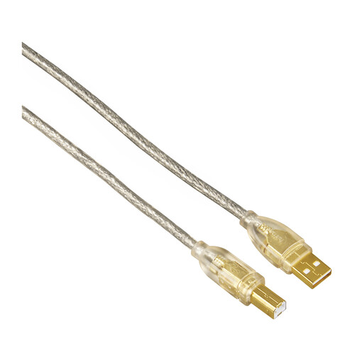Cable QILIVE de USB-A macho a USB-B macho, de 1,8 metros, terminales dorados, color transparente.