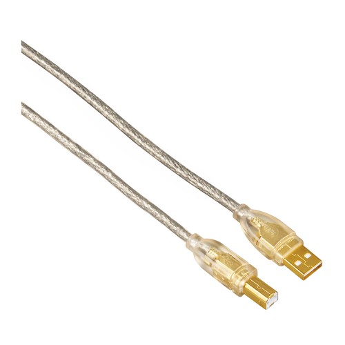 Cable QILIVE de USB-A macho a USB-B macho, de 1,8 metros, terminales dorados, color transparente.