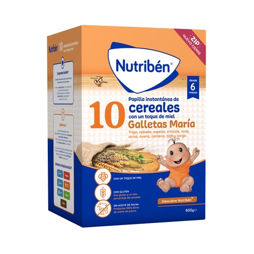 NUTRIBÉN Papilla en polvo de 10 cereales con un toque de miel y galleta María a partir de 6 meses 600 g.