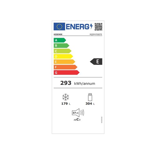 Frigorífico americano 181cm HISENSE RQ5P470SETE, NO FROST, 4 puertas, clasificación energética: E, H: 178,5cm, A: 79,4cm, F: 69,8cm, capacidad total: 582L.