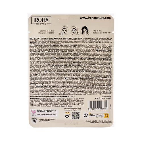 IROHA NATURE Mascarilla facial efecto peeling con papaya y ácidos frutales.