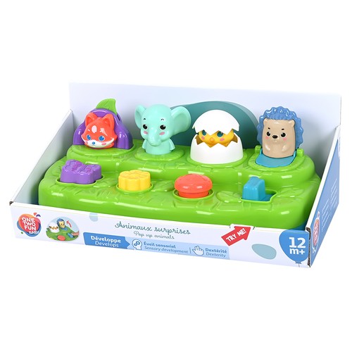 Pop Up Animales sorpresas del Bosque, ayuda al desarrollo sensorial y destrezas +12 Meses ONE, TWO FUN Baby