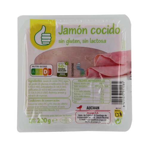 Jamón cocido cortado en lonchas, sin gluten y sin lactosa PRODUCTO ECONÓMICO ALCAMPO 200 g.