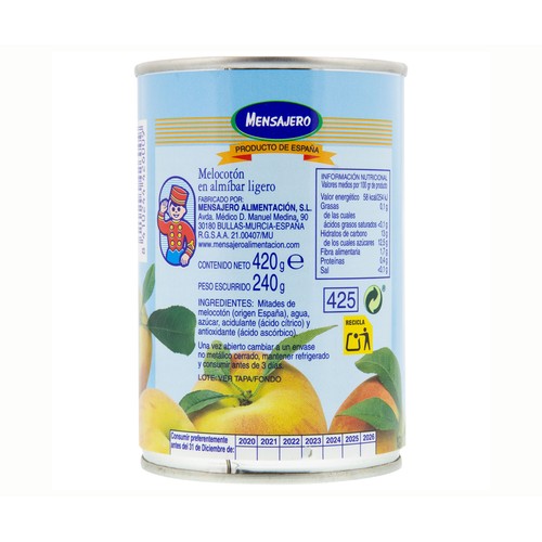 MENSAJERO Melocotón en almíbar 420 g.