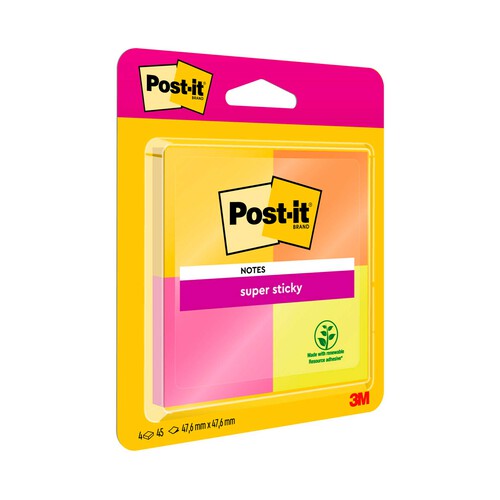 Taco de 75 notas adhesivas cuadradas rosas, amarillas o verdes, Super Sticky POST-IT.