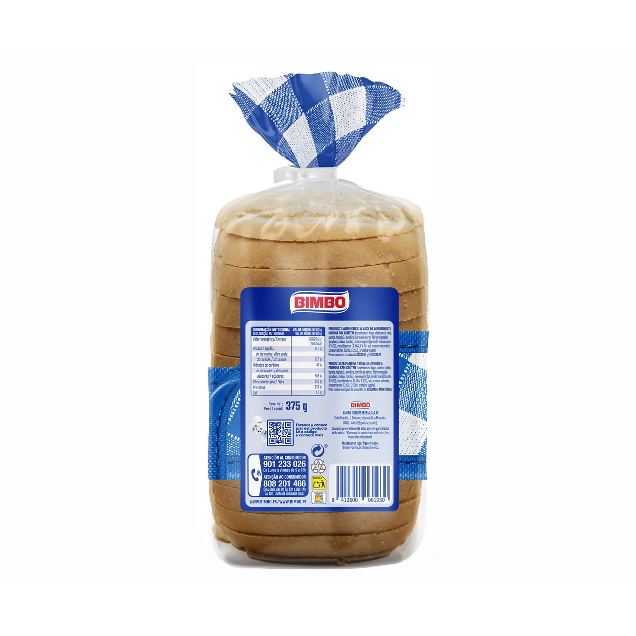 Pan de molde blanco sin gluten 375 g.