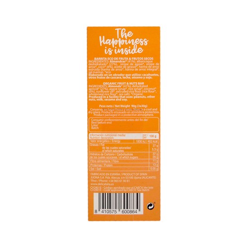 DELICATALIA Barrita de fruta y frutos secos, vegan, gluten free y ecológica, DELICATALIA 3 uds. 90 g.