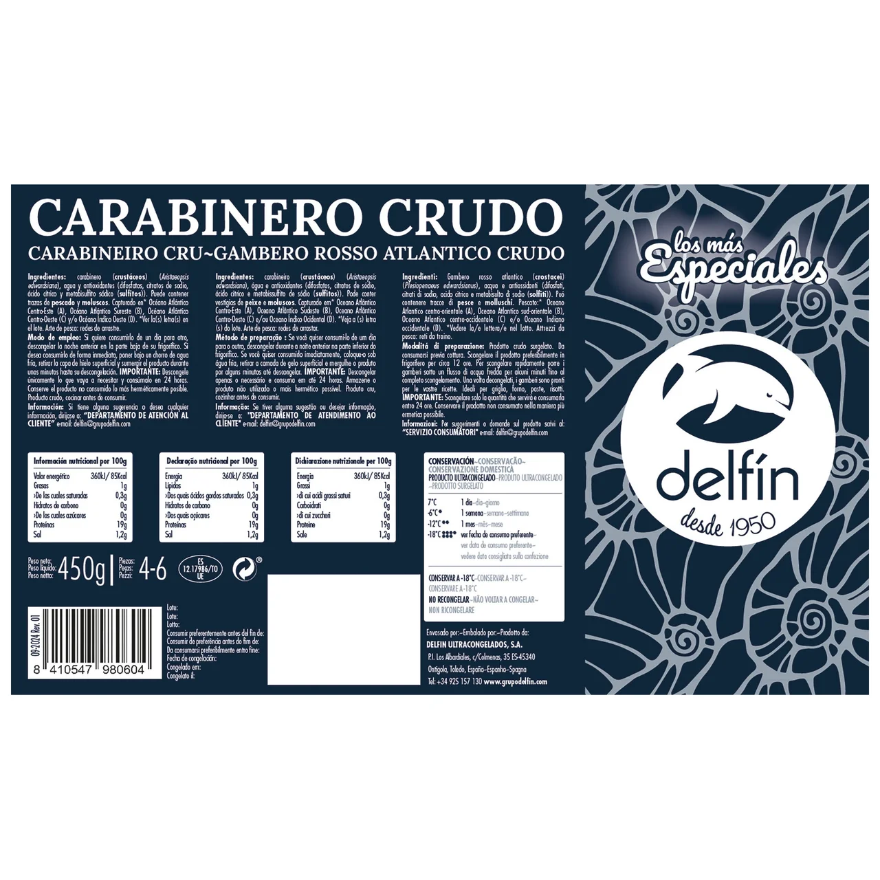 Carabinero (4 / 6) crudo del atlántico 450 g.
