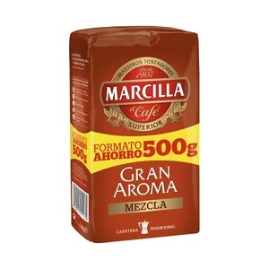 MARCILLA Gran aroma Café molido mezcla, tueste natural (50%) y torrefacto (50%) 500 g.