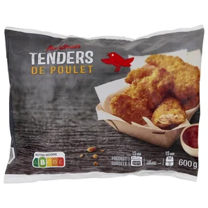 AUCHAN Tiras de pollo aromatizadas, empanadas y prefritas 600 g.