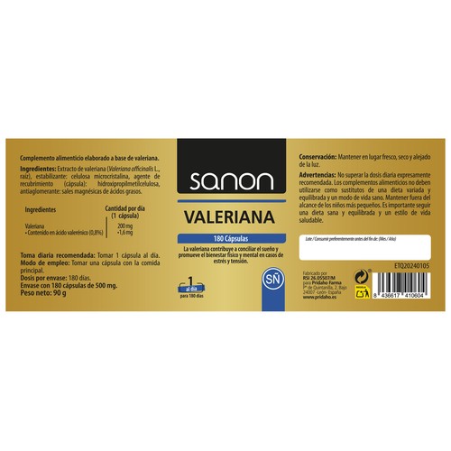SANON  Valeriana (complemento alimenticio) 180 cápsulas.
