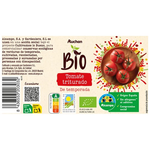 ALCAMPO CULTIVAMOS LO BUENO Bio Tomate triturado ecológico de temporada, origen España bote 660 g.
