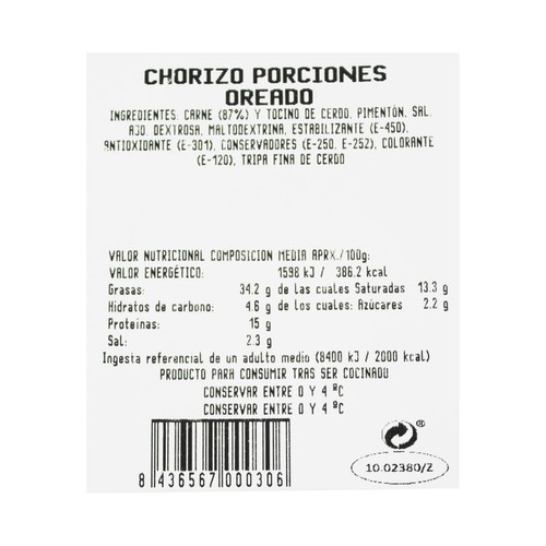Chorizo fresco oredado, envasado al vacio y elaborado sin gluten ni lactosa MONTFOIX 280 g.