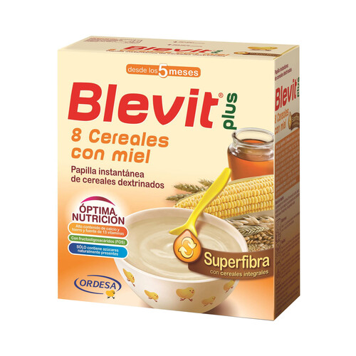 BLEVIT Papilla instantánea de 8 cereales integrales con miel, para bebés a partir de 5 meses BLEVIT Plus 600 g.
