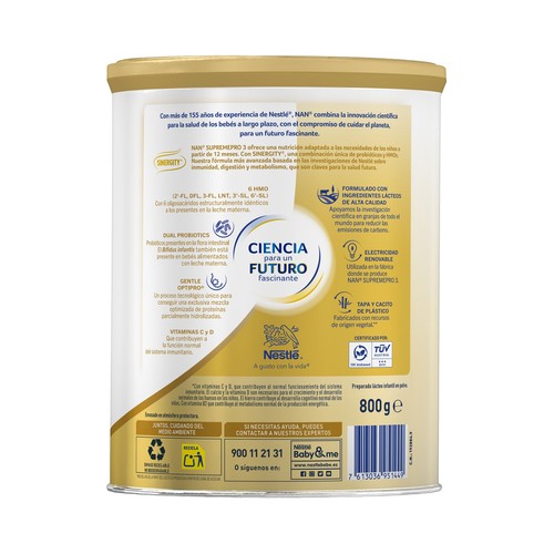 NAN Supeme pro Leche (3) de crecimiento, sin aceite de palma, a partir de 12 meses 800 g.