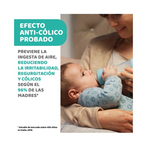 CHICCO Biberón de 240 ml con tetina de silicona, flujo medio y sistema anticólicos, a partir de 2 meses CHICCO Perfect 5.