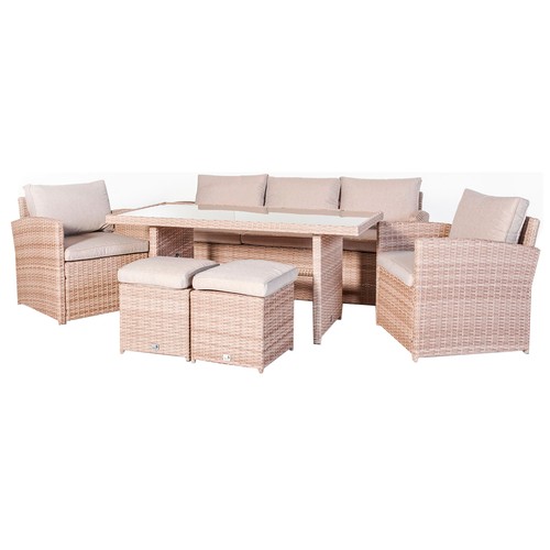 Conjunto muebles de jardín 7 plazas con mesa, sillones y pufs de acero y ratán color marrón/gris, Canadá KACTUS REPUBLIC.