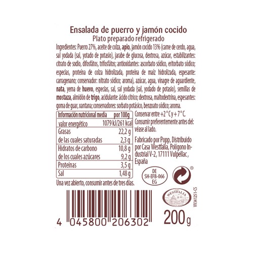 POPP Ensalada refrigerada de puerro y jamón cocido POPP 200 g.