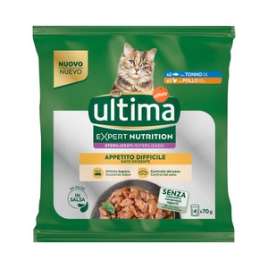 Imagen de ULTIMA Expert nutrition Alimento para gatos adultos esterilizados (1-10 años) con apetito dificil 4 x 70 g.