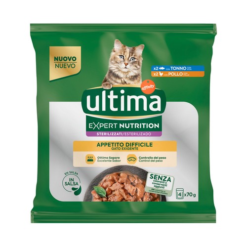 ULTIMA Expert nutrition Alimento para gatos adultos esterilizados (1-10 años) con apetito dificil 4 x 70 g.