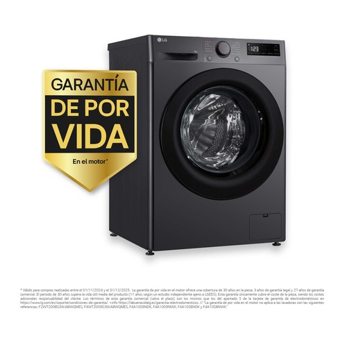 Lavadora LG F4WR5009A6M 9KG, clasificación energética: A, 1400RPM, H: 85cm, A: 60cm, F: 56,5cm.