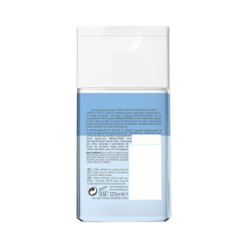 L´ORÉAL PARIS Desmaquillante waterproof para ojos y labios L'ORÉAL PARIS 125 ml.