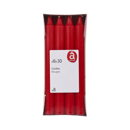 Pack de 8 velas de 19x180 mm de color rojo, ACTUEL.