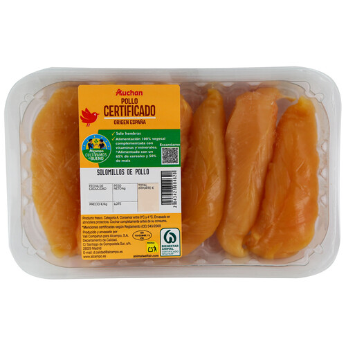Solomillos de pollo certificado ALCAMPO PRODUCCIÓN CONTROLADA Bandeja 325 Gramos Aproximados